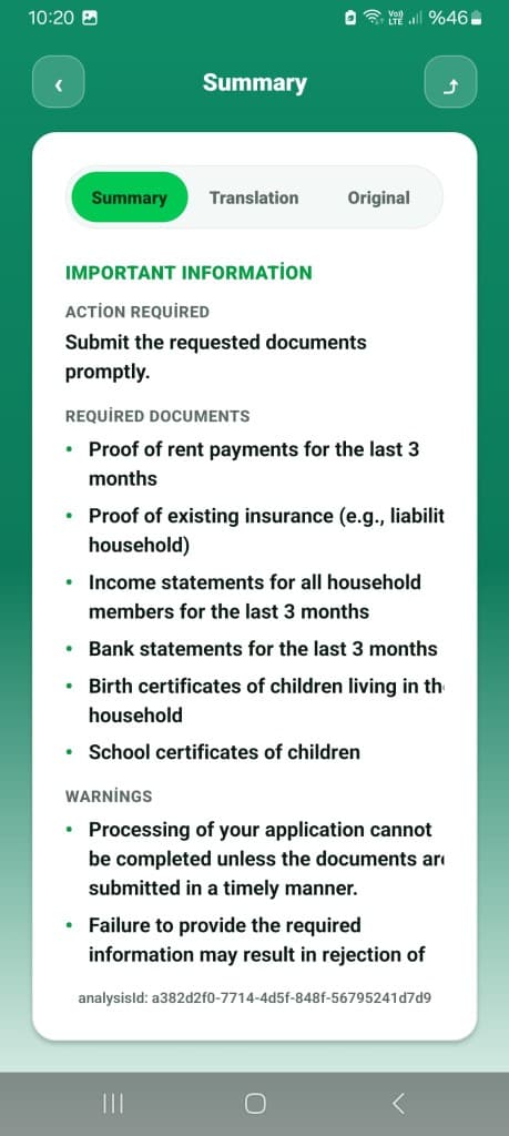 EasyLetter AI analysis summary screen with important information