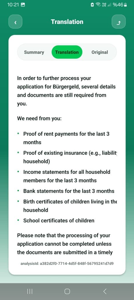 EasyLetter results screen showing translated document content